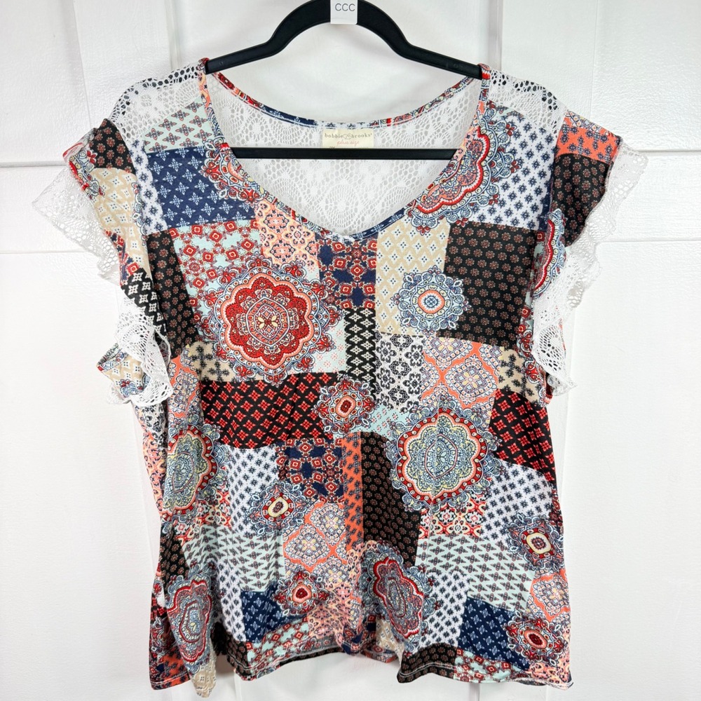 Bobbie Brooks Plus Size 2X Patchwork Lace Flutter Sleeve V-Neck Blouse Top